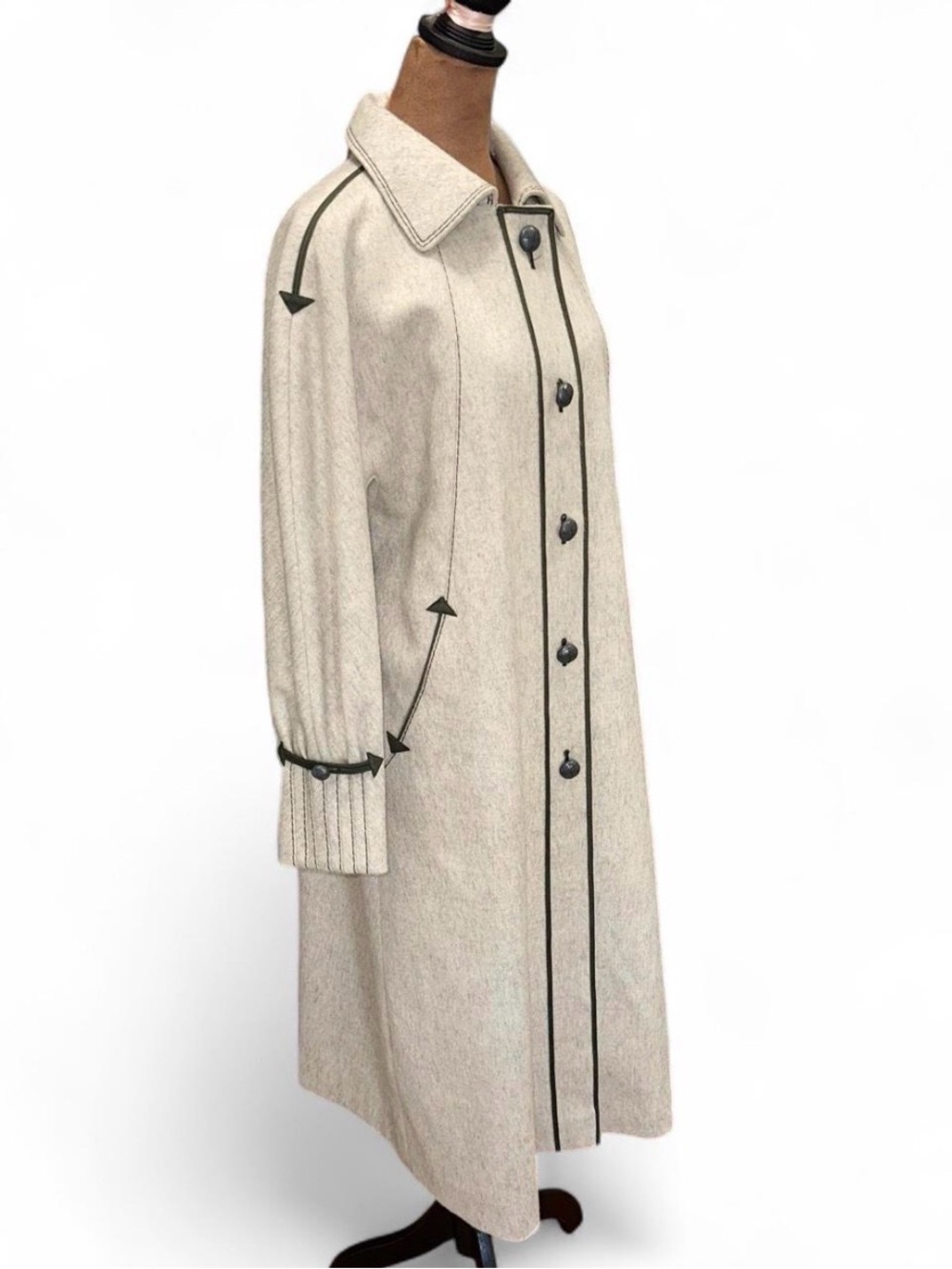 True Vintage Cream Green Long Wool Blend Coat with Contrast Piping German WWII